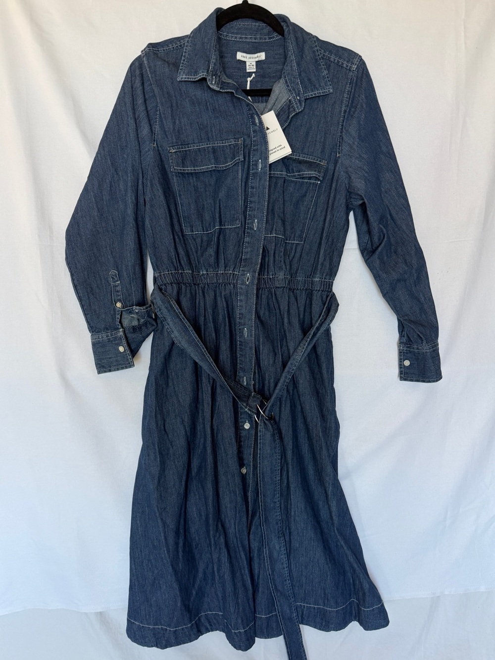 NWT Free Assembly Denim Midi Shirt Dress with Tie Waist in Dark Blue XL